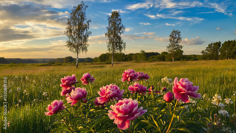 Fototapeta premium Pink peonies in a summer meadow