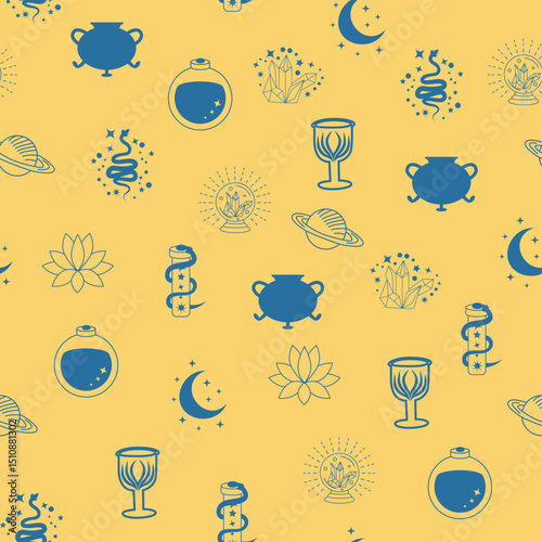 Silhouettes Magic symbols seamless pattern, with magical elements such as snake, eye, tarot cards, hand, skull, potion, moon, butterfly, mushrooms, stars. Witchcraft theme symbols and elements.