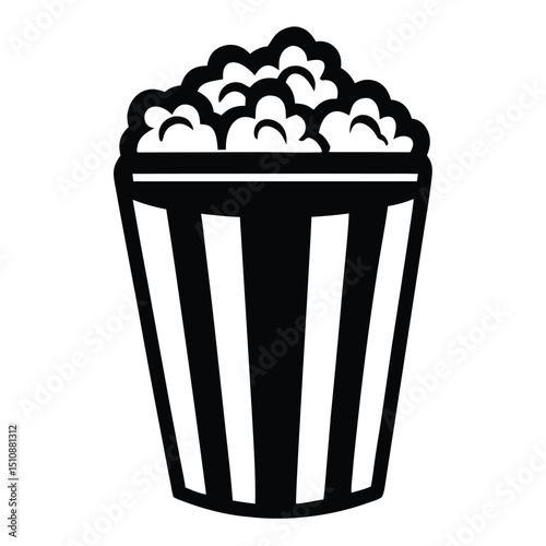popcorn silhouette, icon vector, black and white Popcorn Bucket with Fluffy snacks, art illustration, Silhouette of popcorn, Black and white striped popcorn container