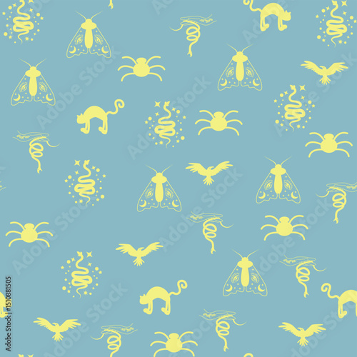 Silhouettes Magic symbols seamless pattern, with magical elements such as snake, eye, tarot cards, hand, skull, potion, moon, butterfly, mushrooms, stars. Witchcraft theme symbols and elements.