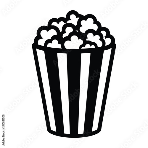 popcorn silhouette, icon vector, black and white Popcorn Bucket with Fluffy snacks, art illustration, Silhouette of popcorn, Black and white striped popcorn container