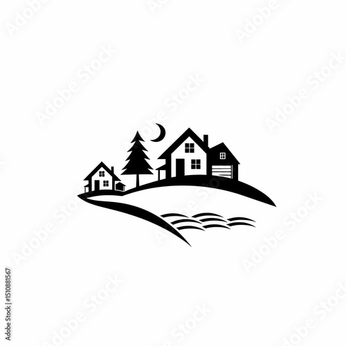 Houses on a Hill. Peaceful Village at Night