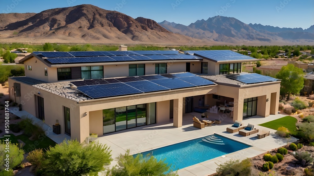 Fototapeta premium Eco-Friendly Suburban Home with Solar Panels, Swimming Pool, and Lush Landscaping Under Clear Blue Sky, ideal for real estate, renewable energy, or lifestyle content for sustainable living