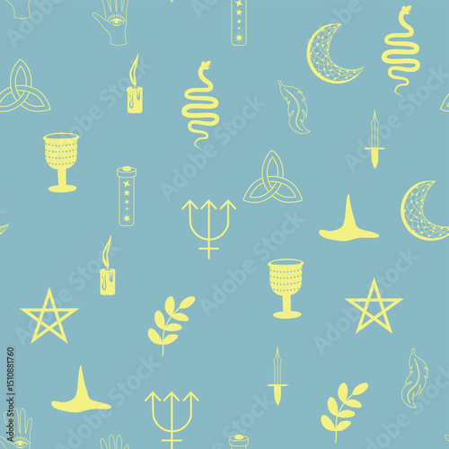 Silhouettes Magic symbols seamless pattern, with magical elements such as snake, eye, tarot cards, hand, skull, potion, moon, butterfly, mushrooms, stars. Witchcraft theme symbols and elements.