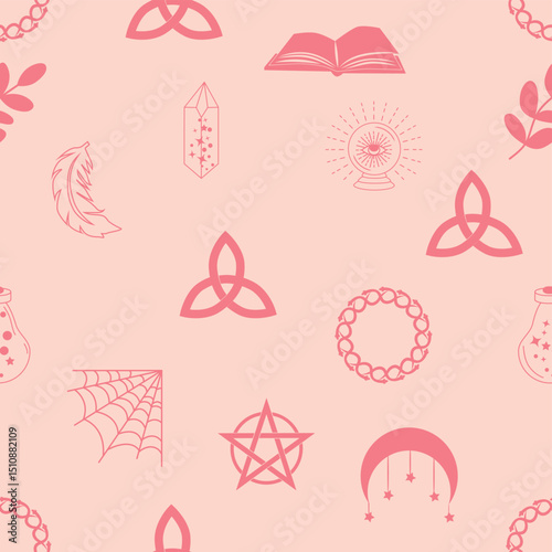 Silhouettes Magic symbols seamless pattern, with magical elements such as snake, eye, tarot cards, hand, skull, potion, moon, butterfly, mushrooms, stars. Witchcraft theme symbols and elements.