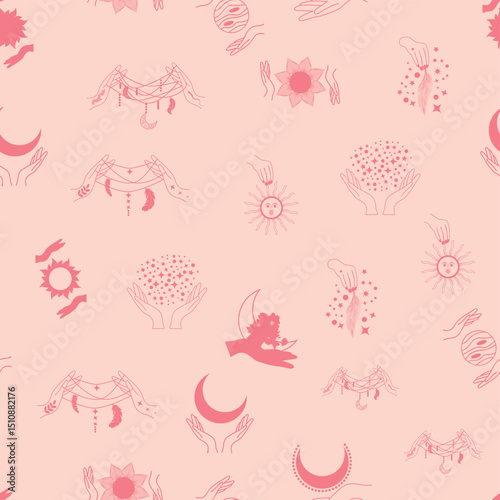 Silhouettes Magic symbols seamless pattern, with magical elements such as snake, eye, tarot cards, hand, skull, potion, moon, butterfly, mushrooms, stars. Witchcraft theme symbols and elements.