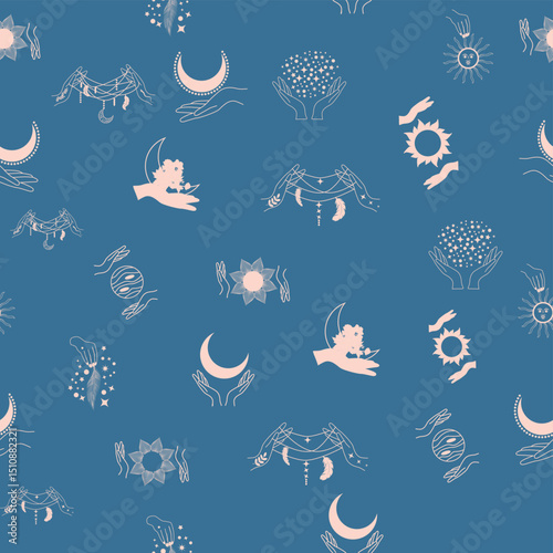 Silhouettes Magic symbols seamless pattern, with magical elements such as snake, eye, tarot cards, hand, skull, potion, moon, butterfly, mushrooms, stars. Witchcraft theme symbols and elements.