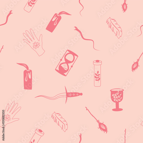 Silhouettes Magic symbols seamless pattern, with magical elements such as snake, eye, tarot cards, hand, skull, potion, moon, butterfly, mushrooms, stars. Witchcraft theme symbols and elements.