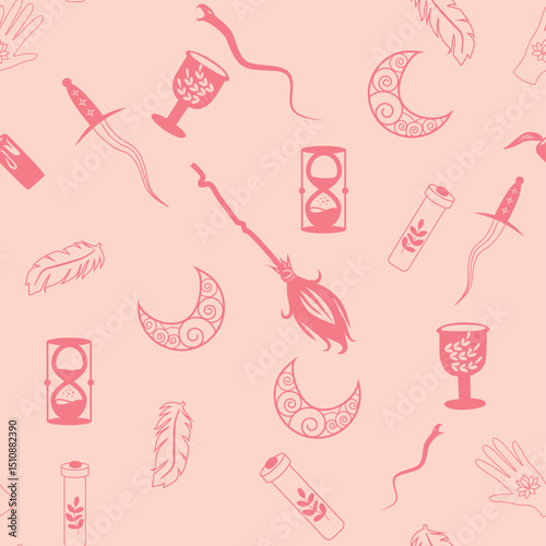 Silhouettes Magic symbols seamless pattern, with magical elements such as snake, eye, tarot cards, hand, skull, potion, moon, butterfly, mushrooms, stars. Witchcraft theme symbols and elements.