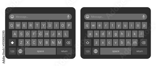 Black virtual mobile keyboard layout vector with uppercase and lowercase keys on transparent background, digital touchscreen typing interface for smartphone UI design