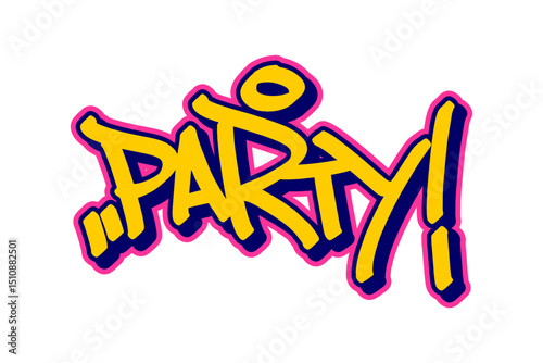 A stylized "PARTY!" message, rendered in bold, vibrant graffiti, embodies an atmosphere of fun, revelry, and excitement against the backdrop of the white board.