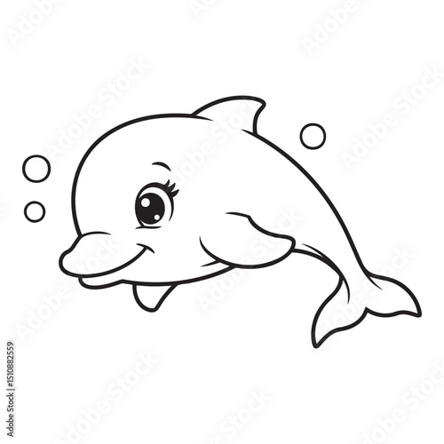 Cute dolphin coloring page illustration for children in a playful style with black lines