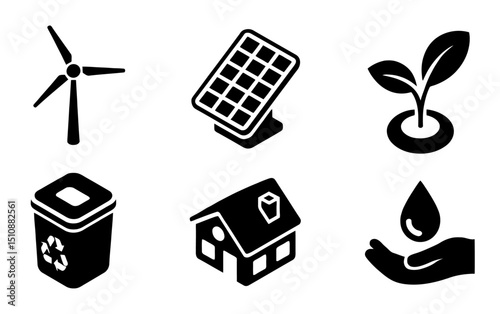 Set of Eco-Friendly Sustainability Icon. Wind Turbine, Solar Panel, Plant Sprout for Environmental Concepts