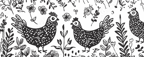 "Seamless Farmhouse Chicken Pattern with Floral Elements – Black and White Vector"
