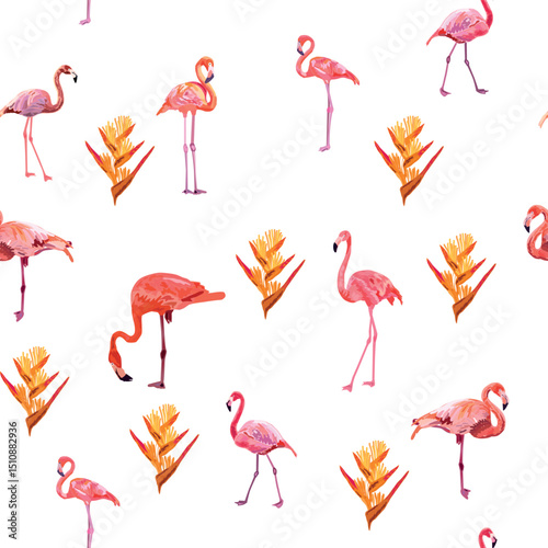 Seamless pattern with cute flamingo with tropical monstera and palm leaves, swimwear fabric.