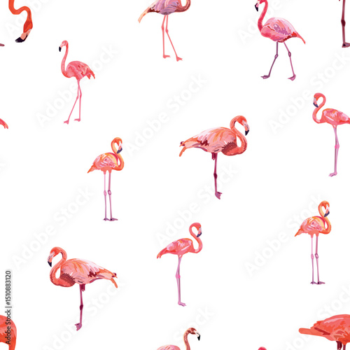 Seamless pattern with cute flamingo with tropical monstera and palm leaves, swimwear fabric.