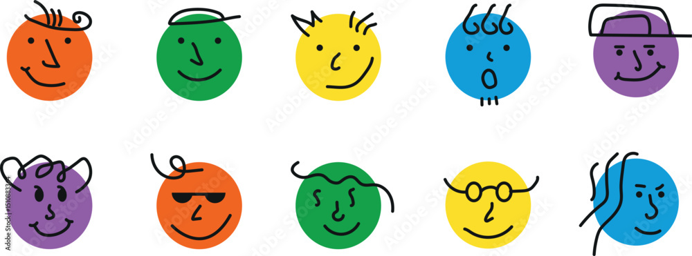 Fototapeta premium Humorous Vector Cartoon Faces Pack – Creative and Colorful Character Head Illustrations Featuring Diverse Expressions and Smiling Designs for Fun Artwork