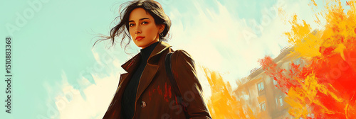 Portrait of woman in coat autumn style fashion model art illustration