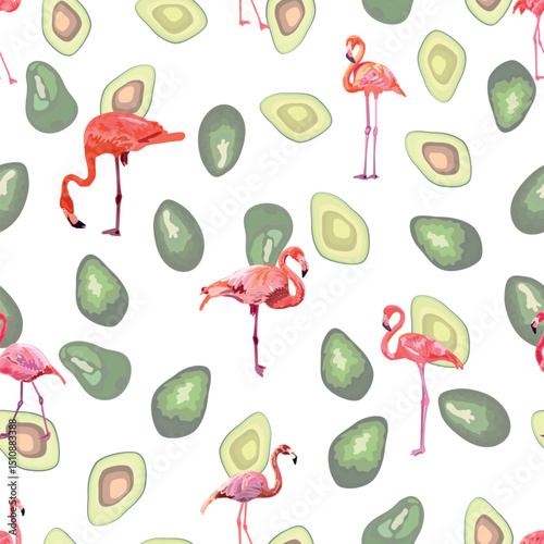 Seamless pattern with cute flamingo with tropical monstera and palm leaves, swimwear fabric