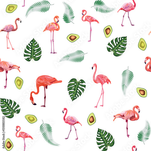 Seamless pattern with cute flamingo with tropical monstera and palm leaves, swimwear fabric