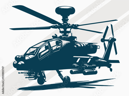 Apache Military Helicopter Silhouette Design for Tactical Aviation and Defense.