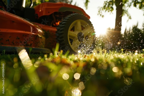Low-angle shot of an orange lawnmower cutting grass, with sunlight creating a bright, blurred effect in the foreground and background.