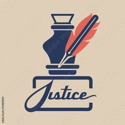 A stylized logo featuring a dark navy inkwell with a coral-red feather quill, resting atop a stylized legal document.