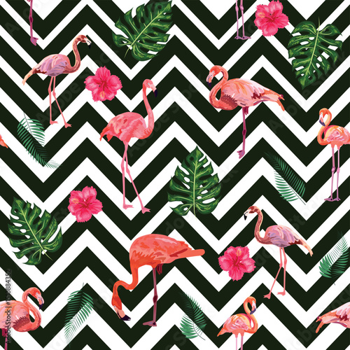 Fashionable zigzag print with flamingos and tropical leaves.