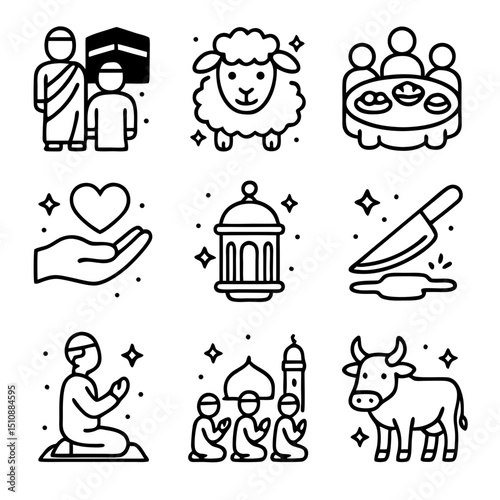 Eid al adha icons pack showcase festive elements. Perfect for social media posts, greeting cards, holiday websites, and cultural event promotions.