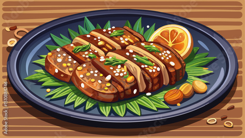 Korean Tteokgalbi, or grilled short rib patties, are beautifully presented on a rustic ceramic plate, glistening with a savory glaze. Each tender patty is topped with delicate pine nuts and a touch of