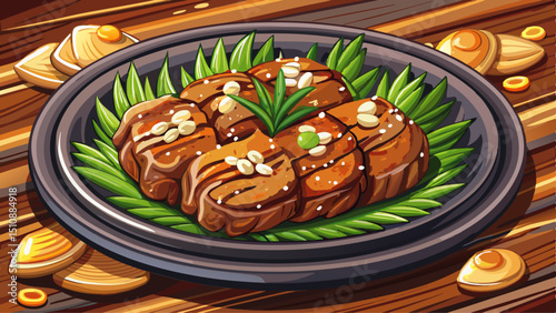 Korean Tteokgalbi, or grilled short rib patties, are beautifully presented on a rustic ceramic plate, glistening with a savory glaze. Each tender patty is topped with delicate pine nuts and a touch of
