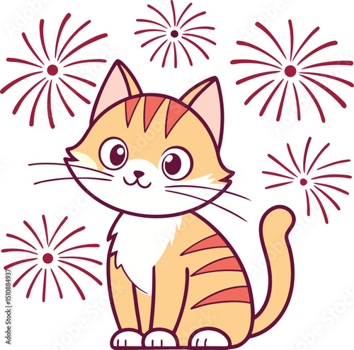 A cheerful cartoon orange tabby cat is depicted, sitting amidst festive fireworks.