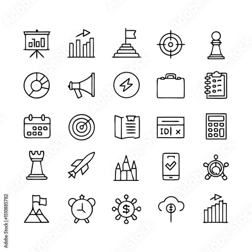 Editable Stroke Icon Set – Linear Icons Representing Action Plans, Business Strategy, Roadmaps, and Workflow Planning – Vector Illustration