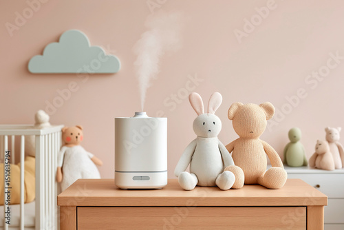 White humidifier with steam next to soft bunny and bear toys on wooden dresser in pastel baby nursery
