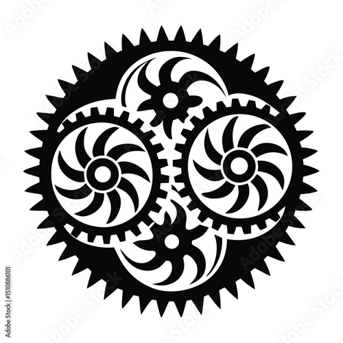 Ring gear silhouette, showcasing meshing gears and internal components, Highlight the intricate design and engineering, Black silhouette. Vector graphic illustration. Isolated object