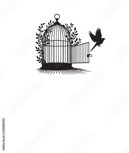 Silhouette of Open Cage with Bird Flying Away, no shadow , isolated on a white background