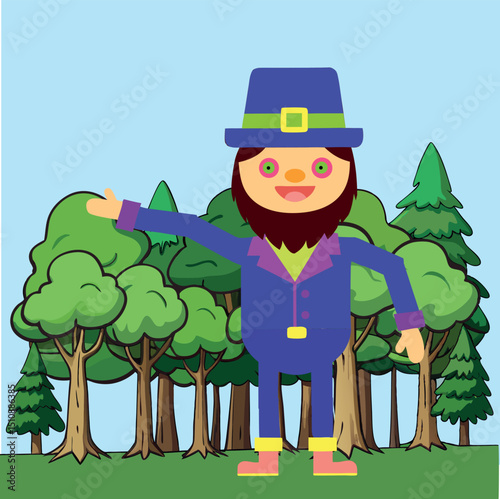 gardener with a shovel, vector graphics, universal banner, leprechaun, stylist, forest, health, positive.