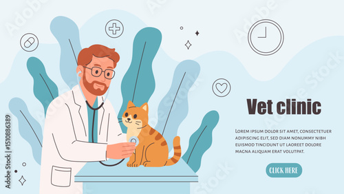 Veterinary doctor examining and cure pet in veterinarian office. Pets in a veterinary clinic. Veterinarian day. Vector illustration in flat style