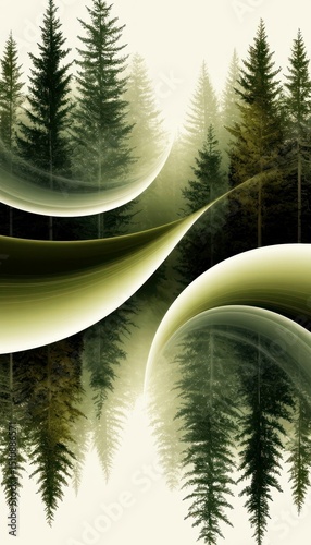 Abstract green forest pattern with swirling shapes and layered trees in a serene, nature-inspired design