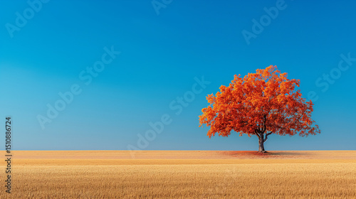 Lone autumn tree with vibrant orange foliage standing in golden wheat field under a clear blue sky symbolizing solitude, change, and seasonal beauty