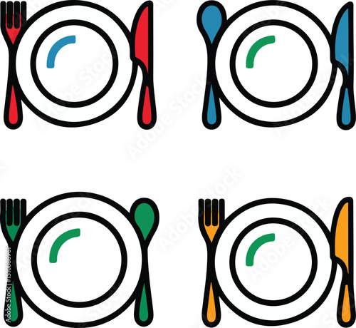 Colorful flatware and plate set icons