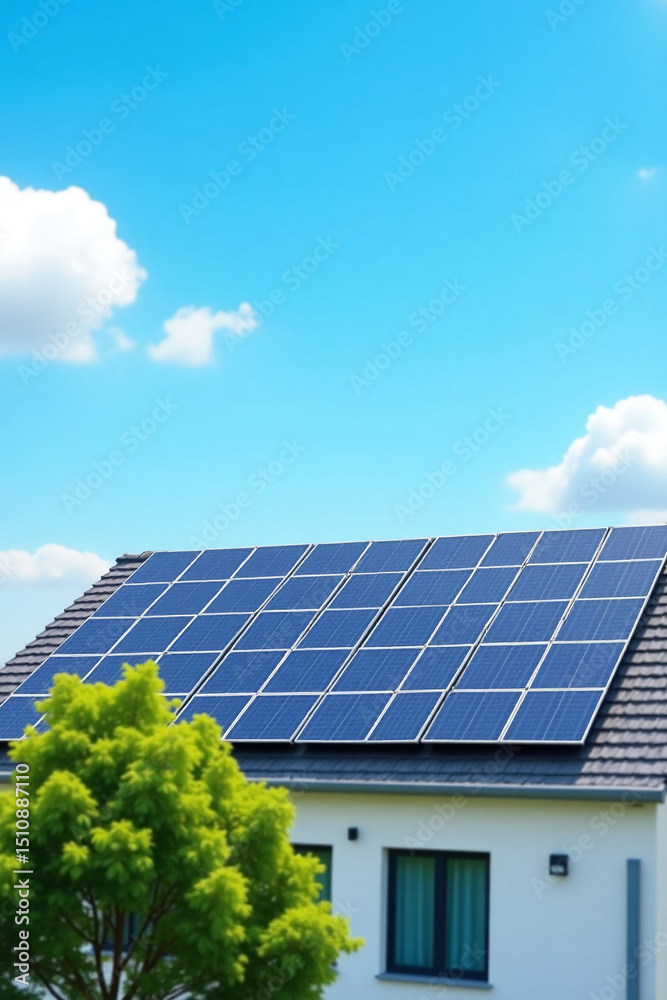 Fototapeta premium Solar panels on roof, blue sky and green tree in foreground.