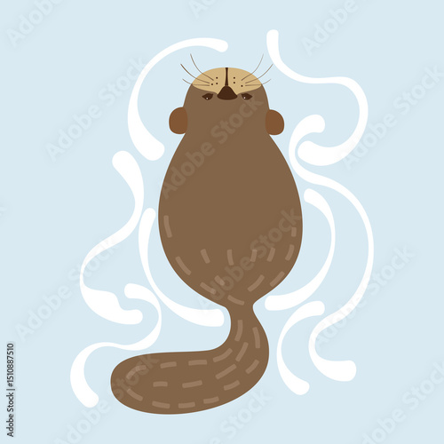 Cute flat vector illustration of a brown river otter floating calmly on a whirlpool, isolated on a blue background. Perfect for kids prints, nature themed prints, animal prints, or nursery wall art.