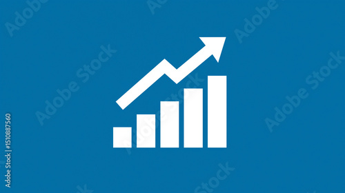 White growth bar chart with upward arrow icon on solid blue background representing business success and data analytics