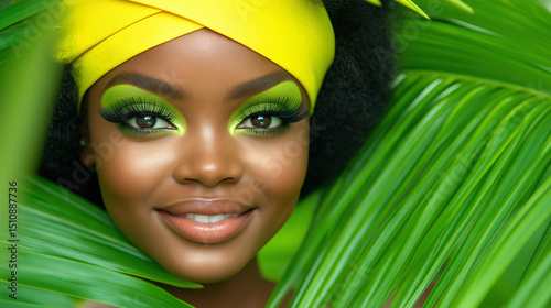 Tropical beauty with vibrant green eyeshadow and yellow headwrap framed by lush palm leaves