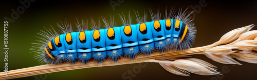 Vibrant blue caterpillar with orange markings and spiny bristles resting on golden wheat stalk