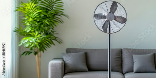 Modern Oscillating Home Fan in Bright Living Room Interior Setting for Cooling Comfort and Household Product Marketing photo
