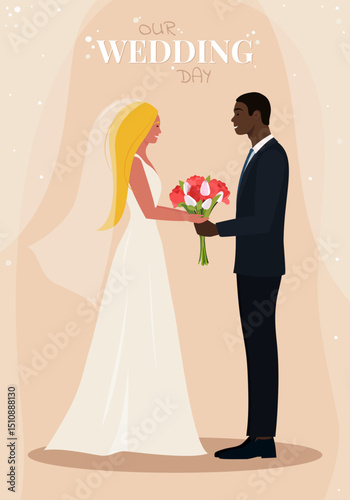 Wedding Day. Man and woman with a bouquet. Marriage ceremony.