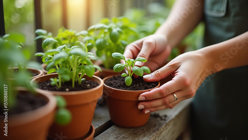 Close-up of hands planting herbs in small ceramic pots on balcony, concept of ecological living.