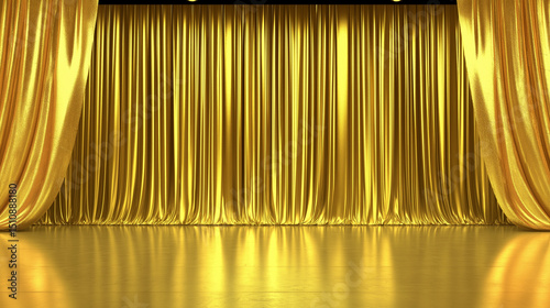  Luxurious golden stage curtains closed over reflective floor under dramatic lighting. Copy space